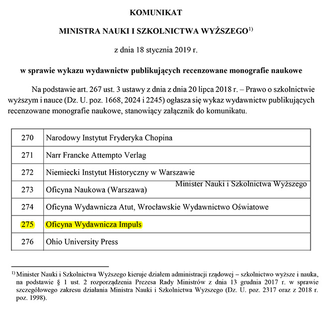 Impuls na liście wydawnictw punktowanych MEN 2019